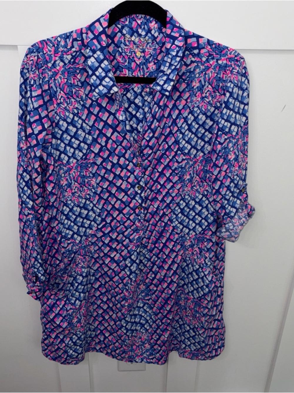 Blue & Pink Geometric Print Button Front Dress-Small-Lilly Pulitzer Lilith dress